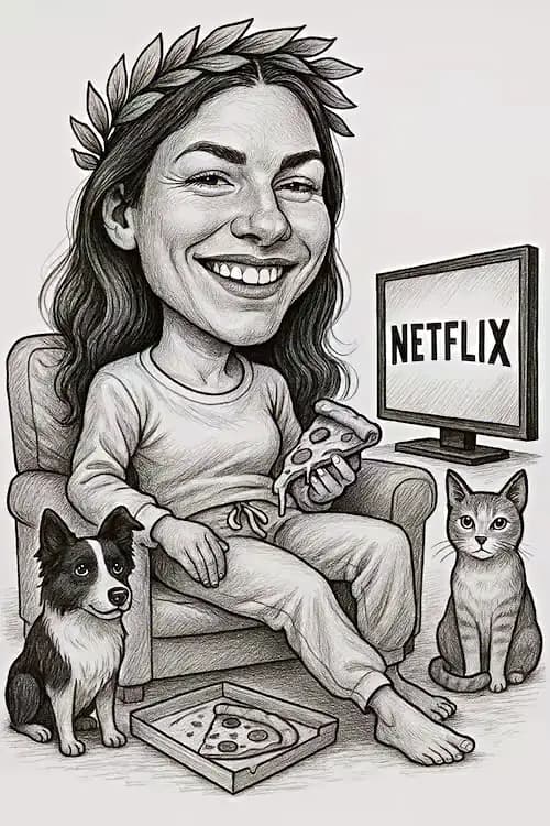 Caricatura ragazza che guarda netflix con animali domestici