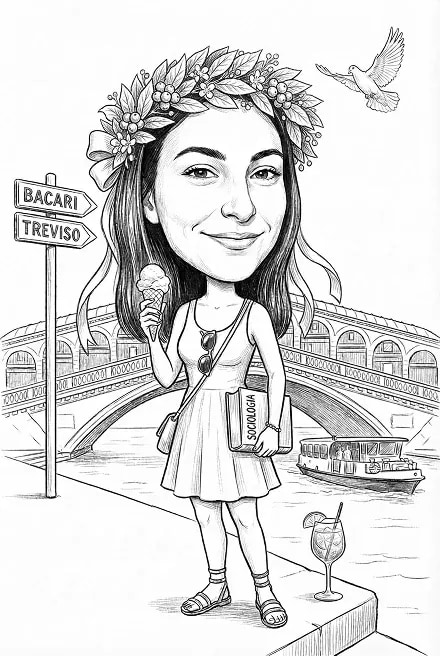 Caricatura di laurea in bianco e nero ragazza a Venezia