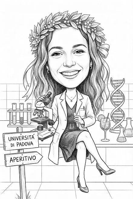 Caricatura di laurea in chimica di una ragazza, stile bianco e nero
