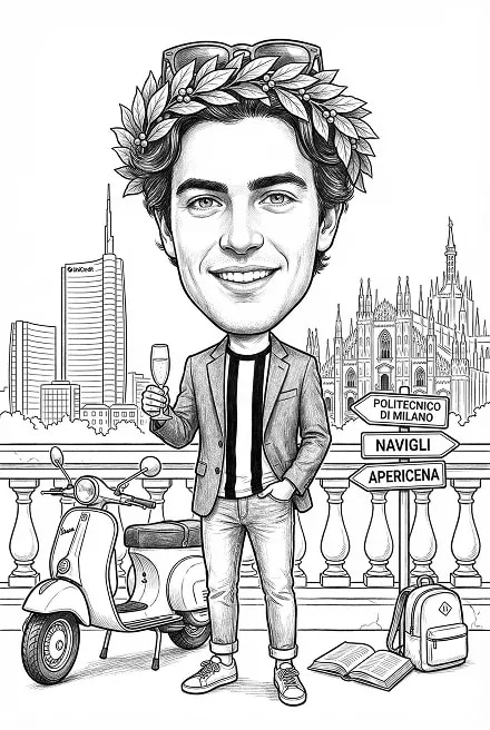 Caricatura di laurea in bianco e nero per ragazzo